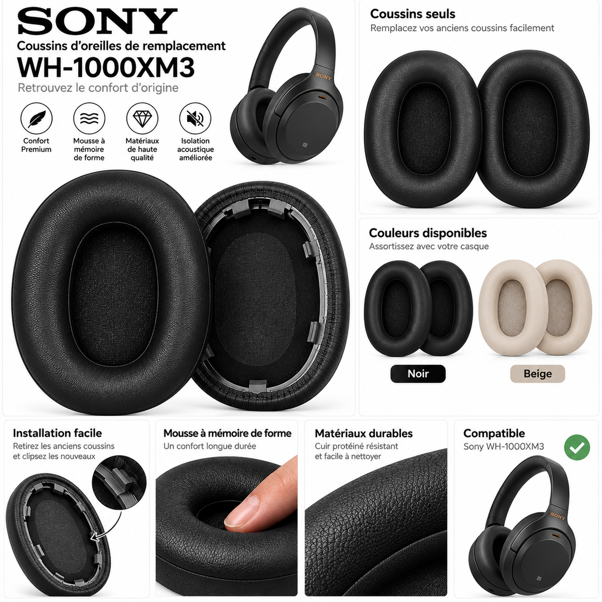 Coussins de remplacement Sony WH-1000XM3 noir et beige