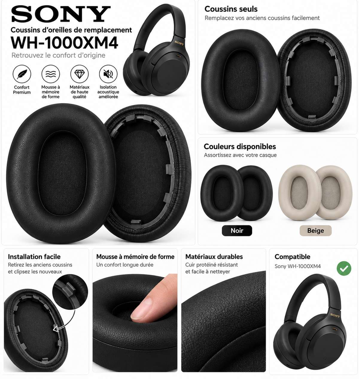 Coussins de remplacement Sony WH-1000XM4 noir et beige