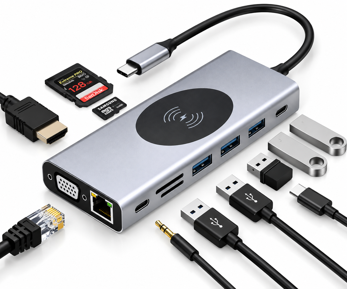 Adaptateur USB-C 13 en 1 - vue produit avec accessoires
