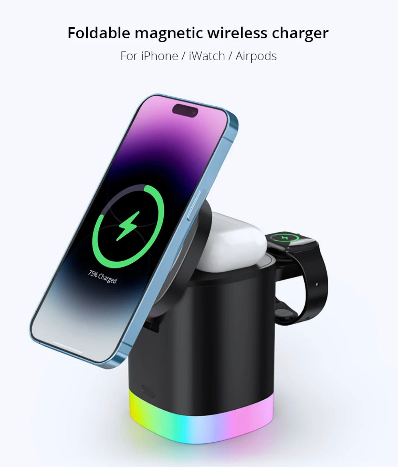 Chargeur Sans Fil Magnétique 3 en 1 15W – Smartphone, Montre & Écouteurs