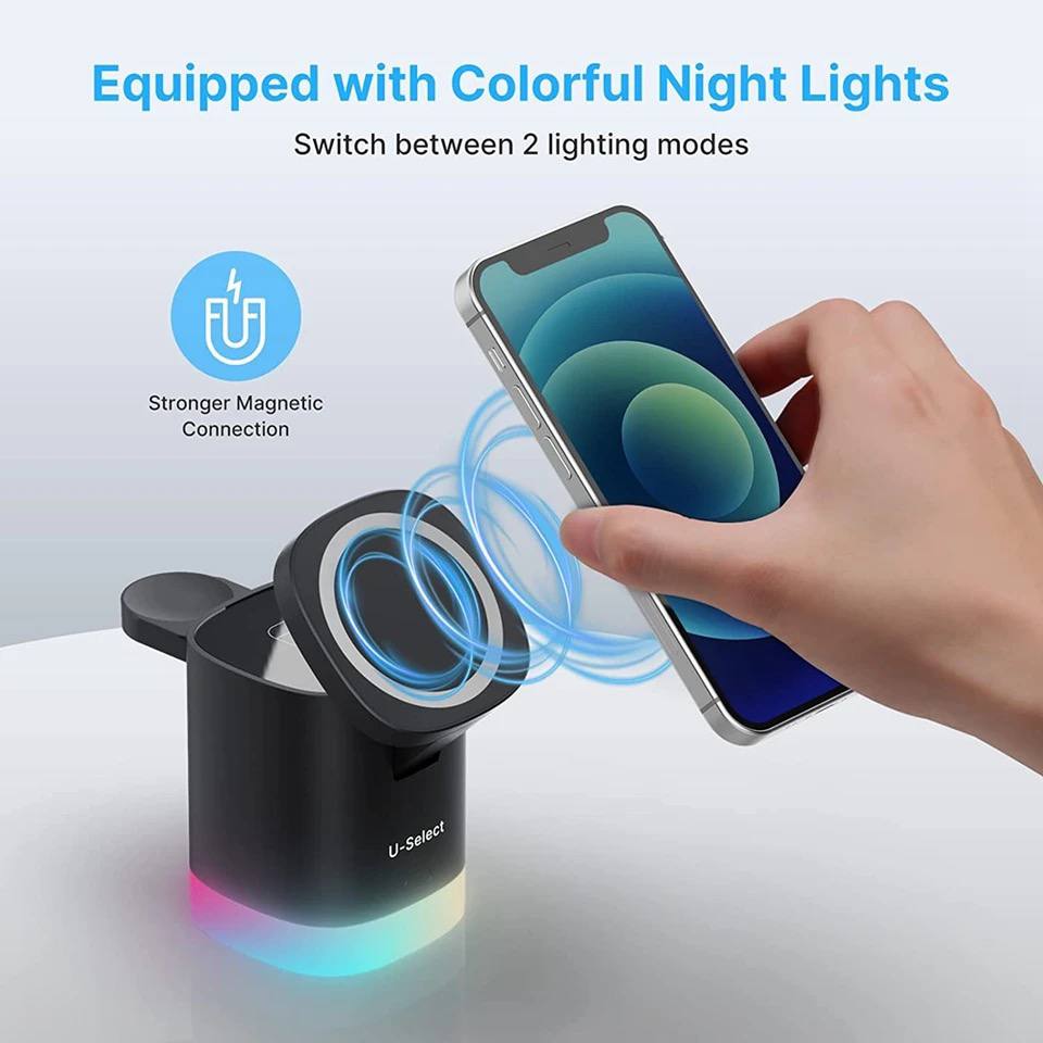 Chargeur Sans Fil Magnétique 3 en 1 15W – Smartphone, Montre & Écouteurs