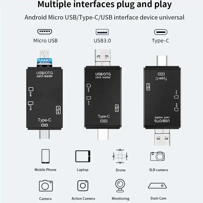 Lecteur de cartes 6 en 1 avec interfaces Micro USB USB 3.0 et Type-C