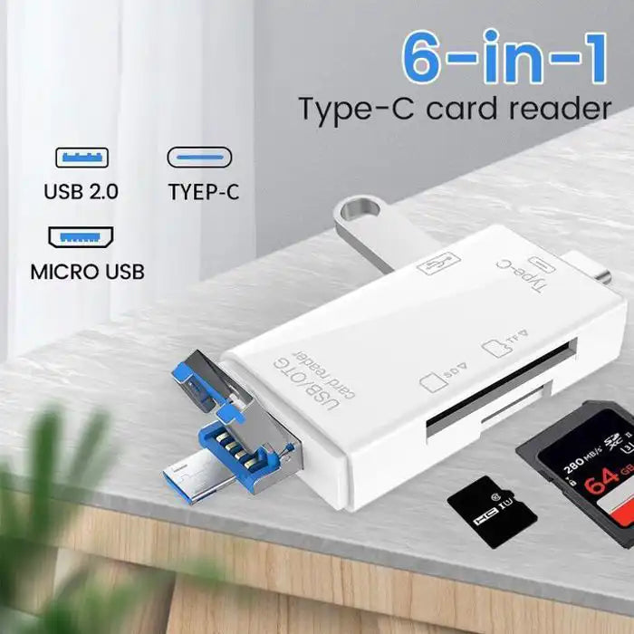 Lecteur de cartes 6 en 1 Type-C noir et blanc