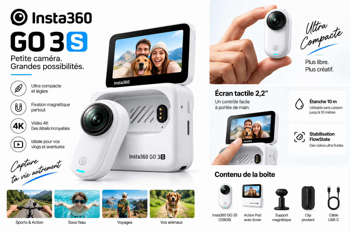Insta360 GO 3S 128GB blanche - caractéristiques au Maroc