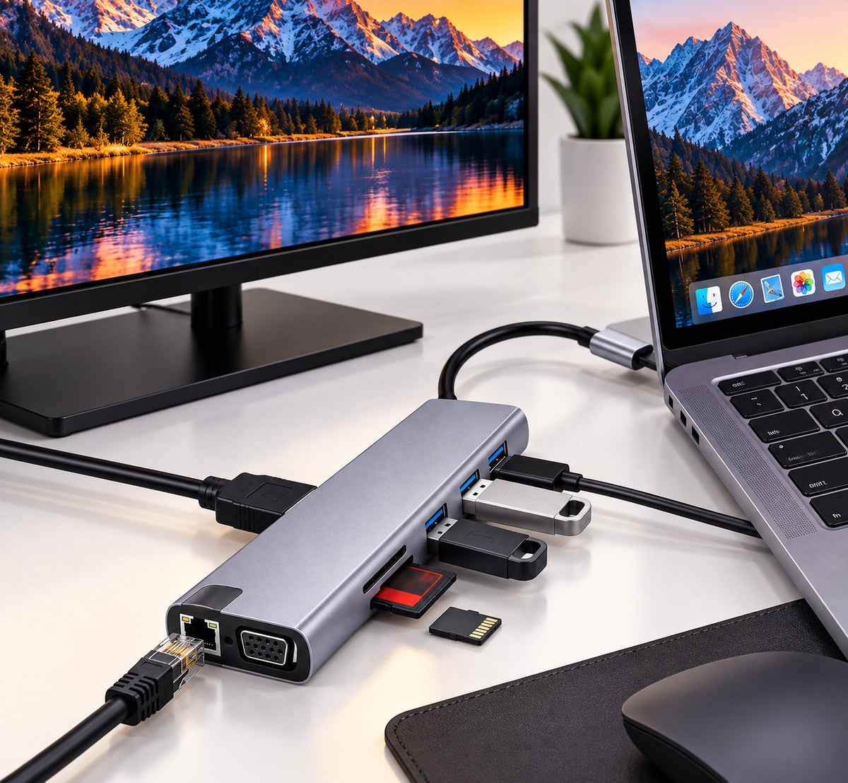 Adaptateur USB-C 8 en 1 connecté à un ordinateur portable