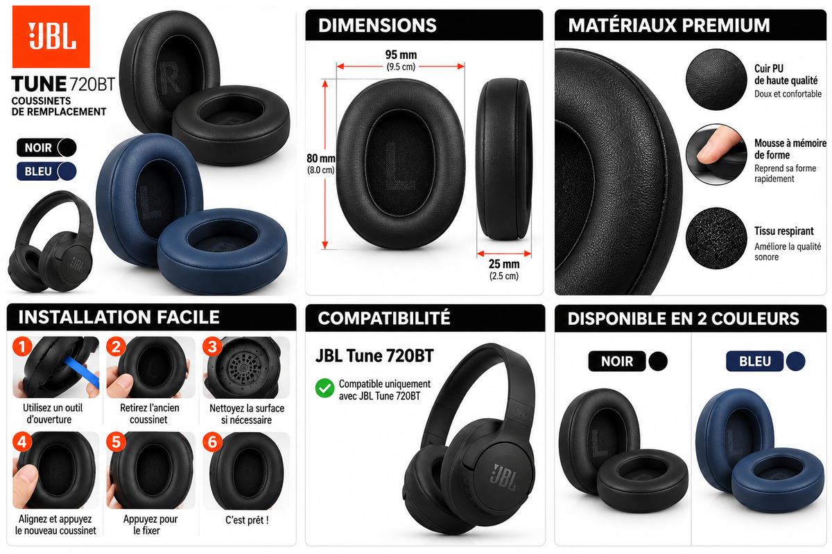 Coussinets de remplacement JBL Tune 720BT en noir et bleu