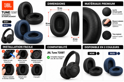 Coussinets de remplacement JBL Tune 720BT en noir et bleu