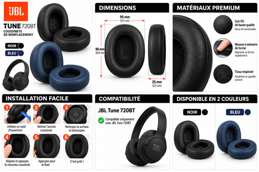 Coussinets de remplacement JBL Tune 720BT en noir et bleu