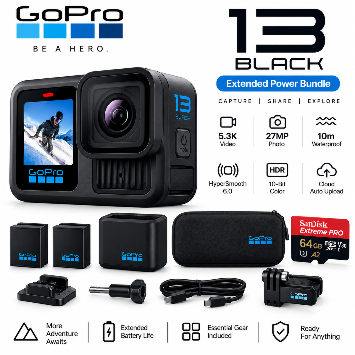GoPro HERO13 Black Extended Power Bundle avec carte mémoire 64GB au Maroc