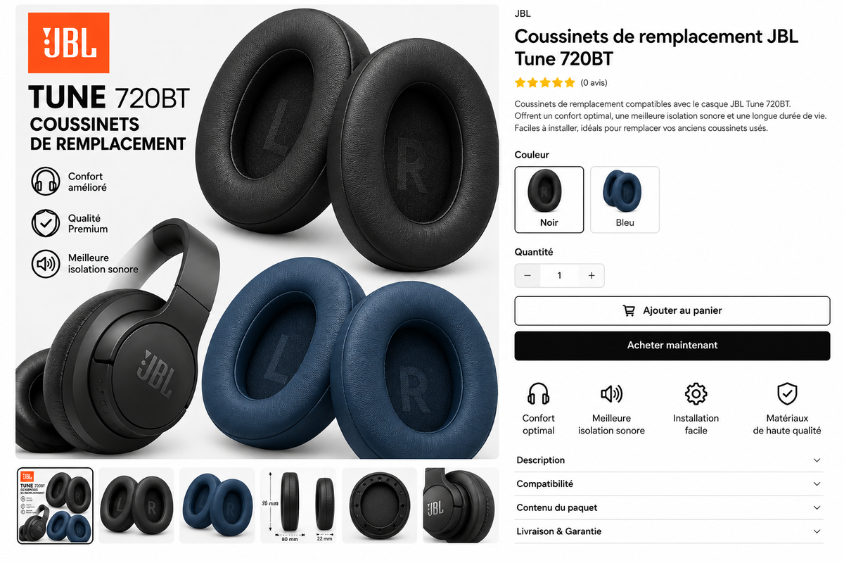 Visuel des coussinets JBL Tune 720BT noir et bleu