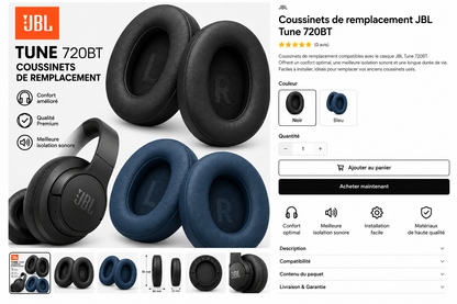 Visuel des coussinets JBL Tune 720BT noir et bleu