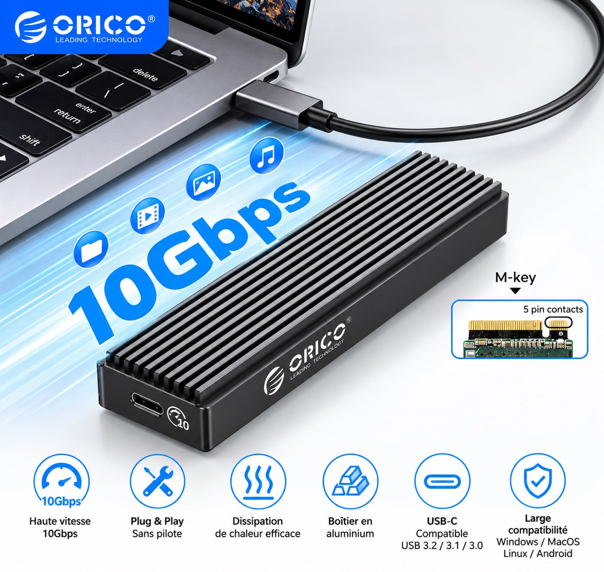 Boîtier ORICO M2PV-C3 NVMe 10Gbps connecté à un ordinateur