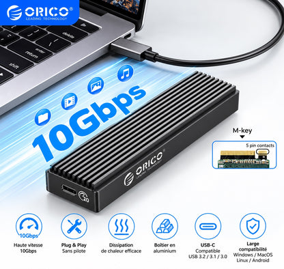 Boîtier ORICO M2PV-C3 NVMe 10Gbps connecté à un ordinateur