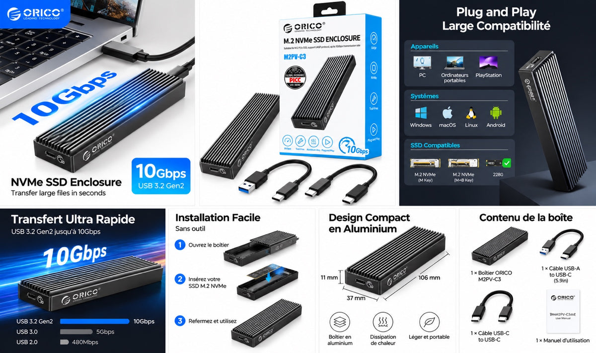 ORICO M2PV-C3 NVMe caractéristiques et contenu