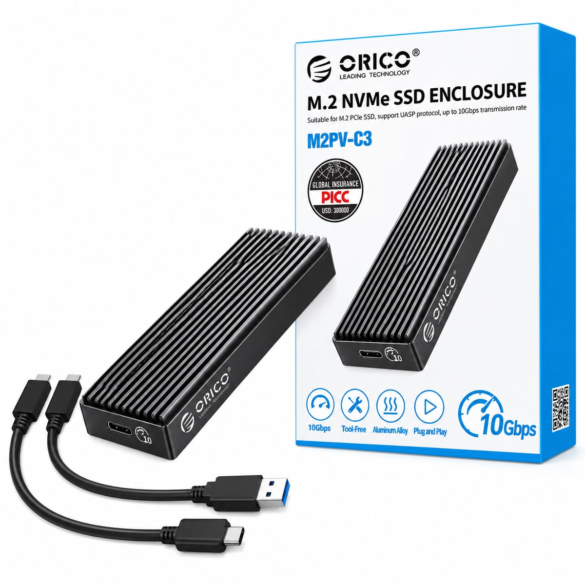 Boîtier ORICO M2PV-C3 NVMe avec câbles et emballage