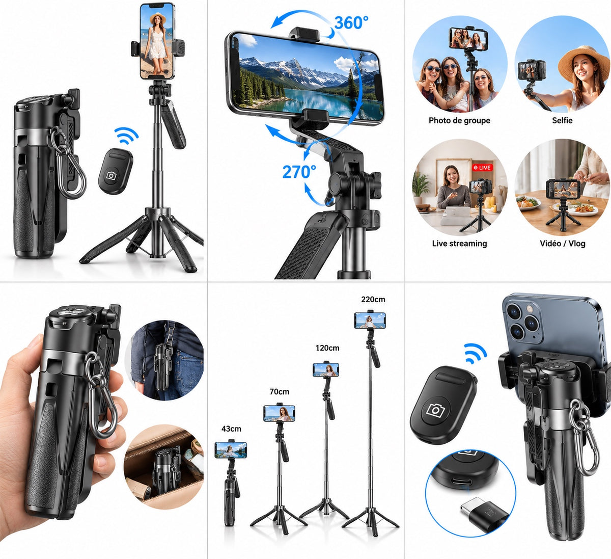 P15 Mini Selfie Stick - détails et accessoires