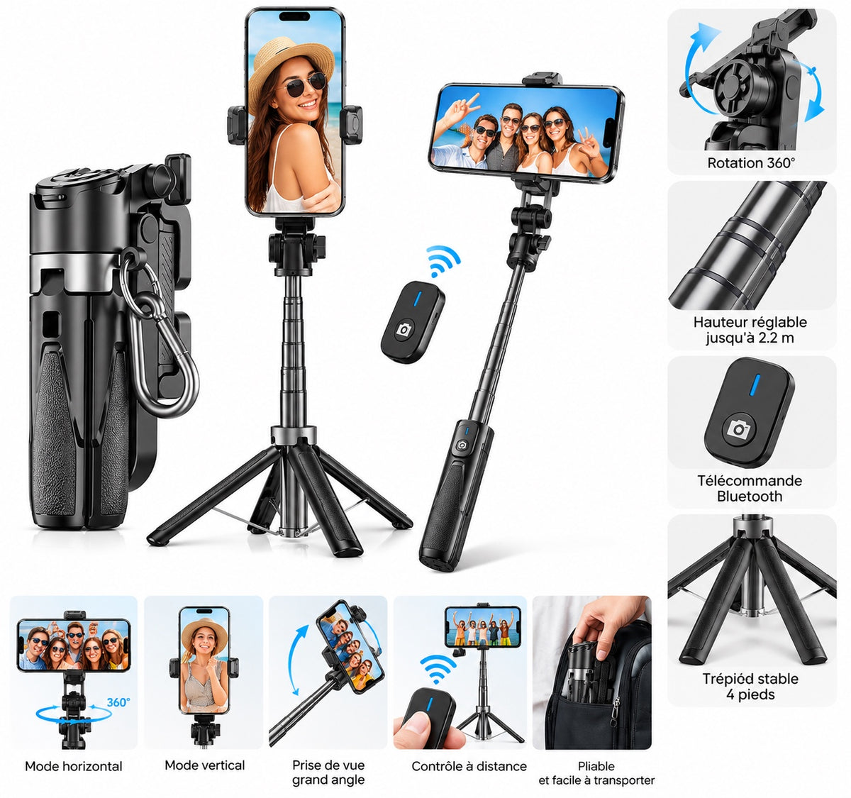 P15 Mini Selfie Stick avec trépied et télécommande Bluetooth
