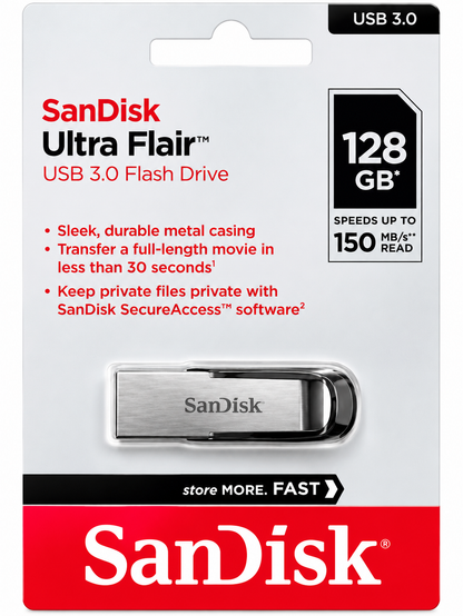 SanDisk Ultra Flair 128GB USB 3.0 – emballage clair