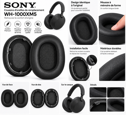 Détails coussins Sony WH-1000XM5 installation et matériaux